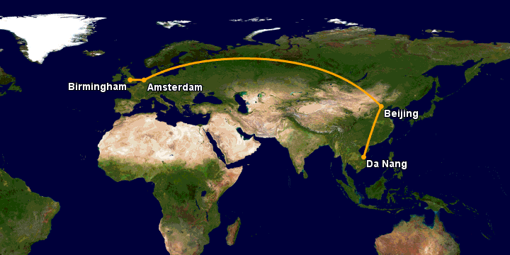 Bay từ Đà Nẵng đến Birmingham qua Bắc Kinh, Amsterdam