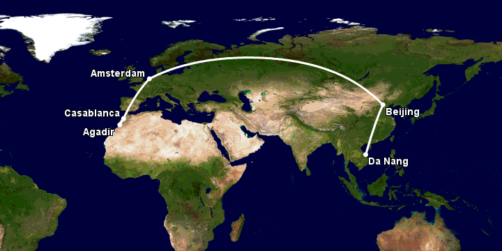 Bay từ Đà Nẵng đến Agadir qua Bắc Kinh, Amsterdam, Casablanca