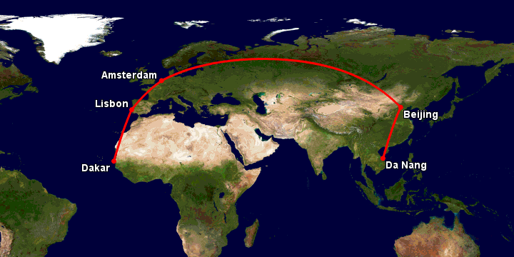 Bay từ Đà Nẵng đến Dakar qua Bắc Kinh, Amsterdam, Lisbon
