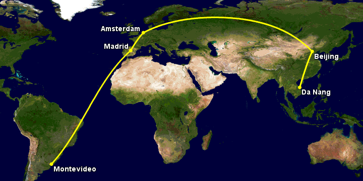 Bay từ Đà Nẵng đến Montevideo qua Bắc Kinh, Amsterdam, Madrid