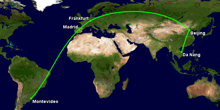 Bay từ Đà Nẵng đến Montevideo qua Bắc Kinh, Frankfurt, Madrid