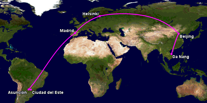Bay từ Đà Nẵng đến Ciudad Del Este qua Bắc Kinh, Helsinki, Madrid, Asunción