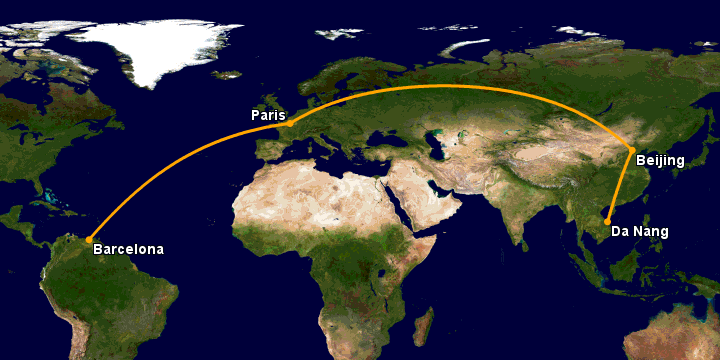 Bay từ Đà Nẵng đến Barcelona qua Bắc Kinh, Paris