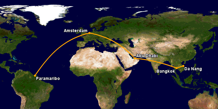 Bay từ Đà Nẵng đến Paramaribo qua Bangkok, Abu Dhabi, Amsterdam