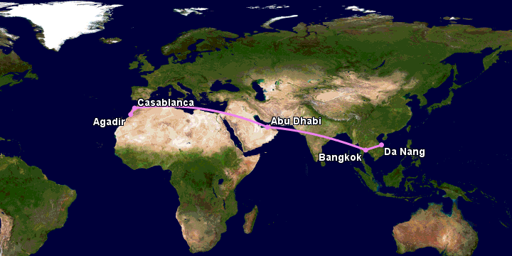 Bay từ Đà Nẵng đến Agadir qua Bangkok, Abu Dhabi, Casablanca