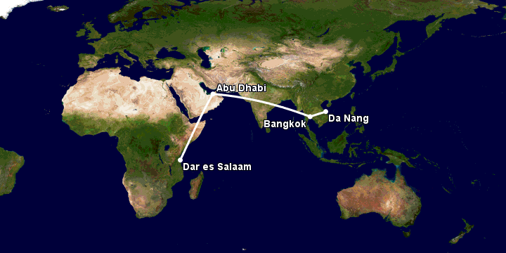 Bay từ Đà Nẵng đến Dar Es Salaam qua Bangkok, Abu Dhabi