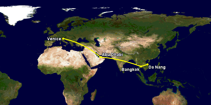 Bay từ Đà Nẵng đến Venice qua Bangkok, Abu Dhabi