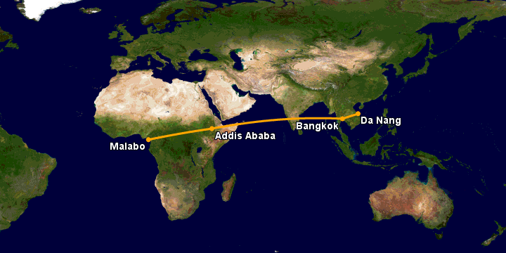 Bay từ Đà Nẵng đến Malabo qua Bangkok, Addis Ababa