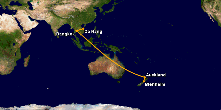 Bay từ Đà Nẵng đến Blenheim qua Bangkok, Auckland
