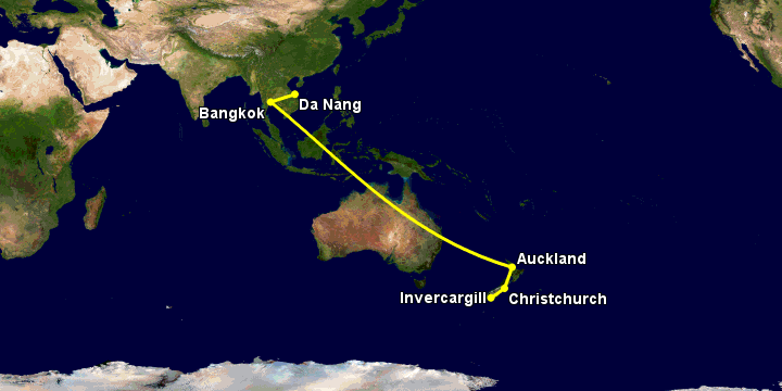 Bay từ Đà Nẵng đến Invercargill qua Bangkok, Auckland, Christchurch
