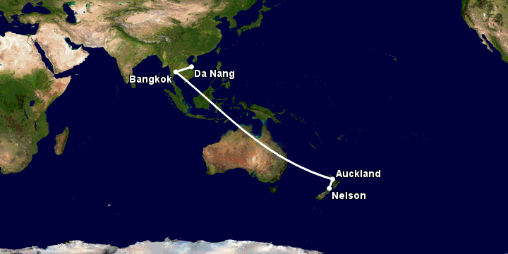 Bay từ Đà Nẵng đến Nelson qua Bangkok, Auckland