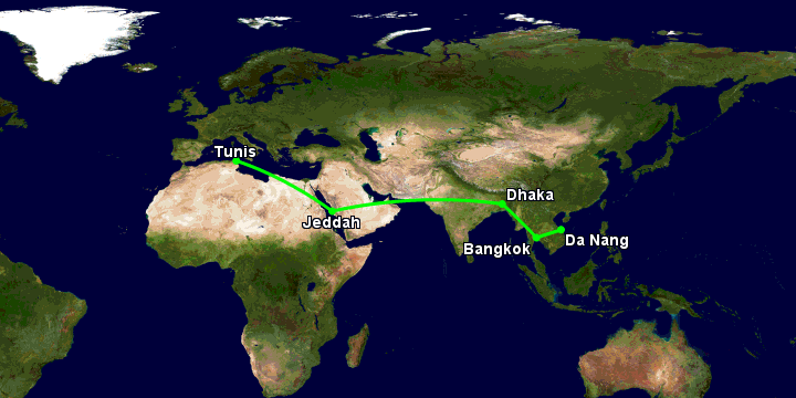 Bay từ Đà Nẵng đến Tunis qua Bangkok, Dhaka, Jeddah
