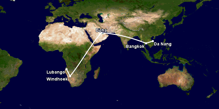 Bay từ Đà Nẵng đến Lubango qua Bangkok, Doha, Windhoek