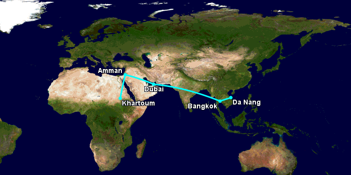 Bay từ Đà Nẵng đến Khartoum qua Bangkok, Dubai, Amman
