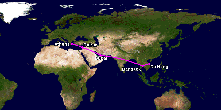 Bay từ Đà Nẵng đến Athens qua Bangkok, Dubai, Beirut