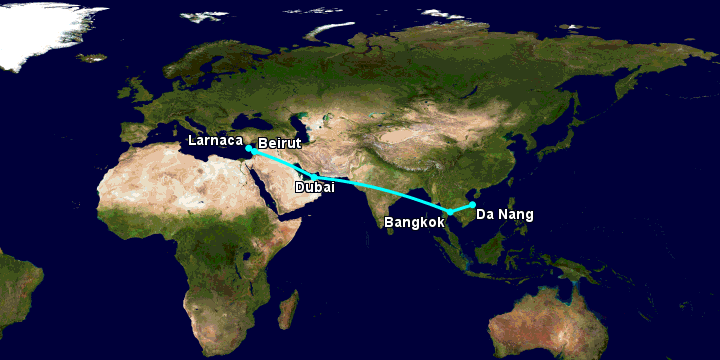 Bay từ Đà Nẵng đến Larnaca qua Bangkok, Dubai, Beirut