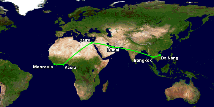 Bay từ Đà Nẵng đến Monrovia Rob qua Bangkok, Dubai, Cairo, Accra