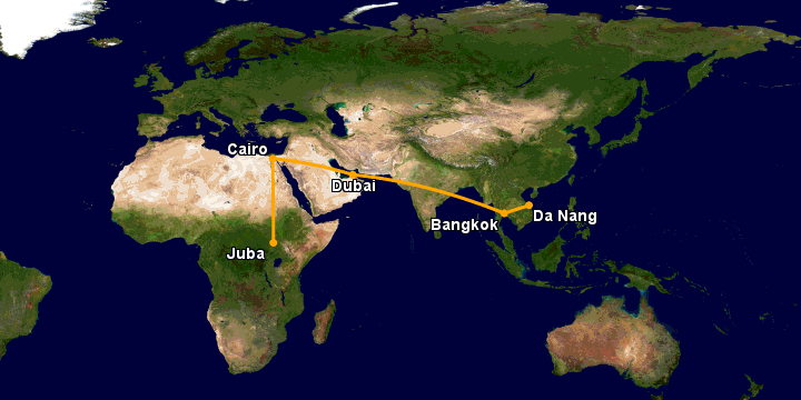 Bay từ Đà Nẵng đến Juba qua Bangkok, Dubai, Cairo