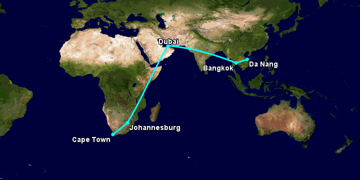 Bay từ Đà Nẵng đến Cape Town qua Bangkok, Dubai, Johannesburg