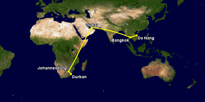 Bay từ Đà Nẵng đến Durban qua Bangkok, Dubai, Johannesburg