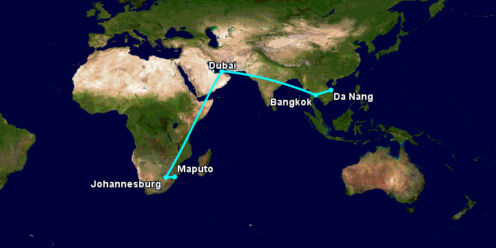 Bay từ Đà Nẵng đến Maputo qua Bangkok, Dubai, Johannesburg