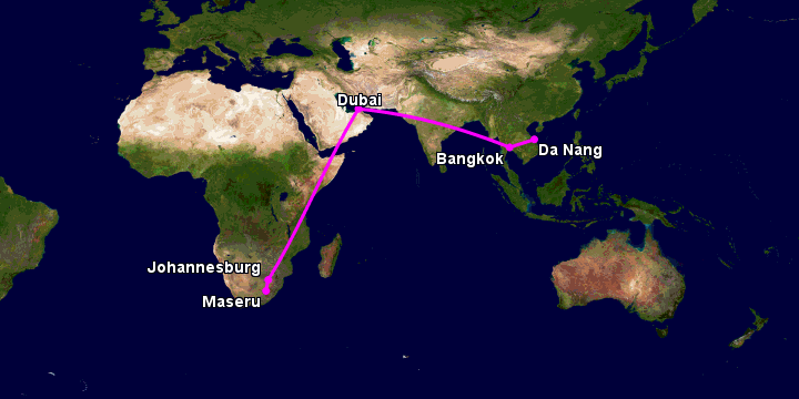 Bay từ Đà Nẵng đến Maseru qua Bangkok, Dubai, Johannesburg