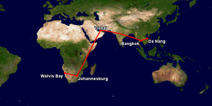 Bay từ Đà Nẵng đến Walvis Bay qua Bangkok, Dubai, Johannesburg