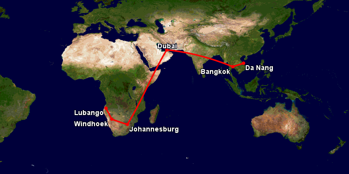 Bay từ Đà Nẵng đến Lubango qua Bangkok, Dubai, Johannesburg, Windhoek