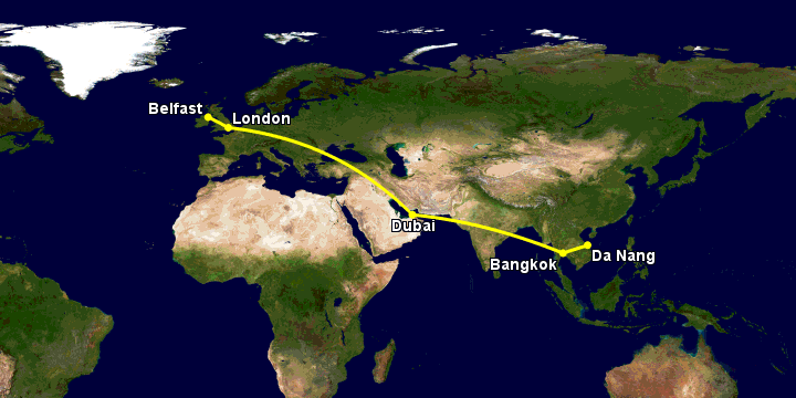 Bay từ Đà Nẵng đến Belfast qua Bangkok, Dubai, London