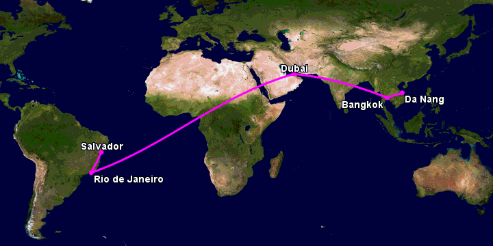 Bay từ Đà Nẵng đến Salvador qua Bangkok, Dubai, Rio de Janeiro