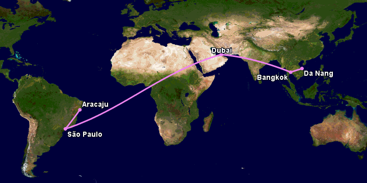 Bay từ Đà Nẵng đến Aracaju qua Bangkok, Dubai, Sao Paulo