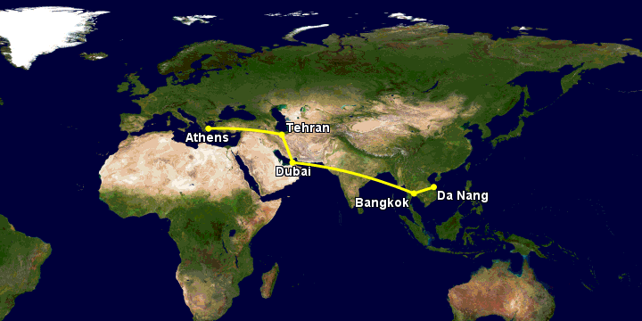 Bay từ Đà Nẵng đến Athens qua Bangkok, Dubai, Tehran