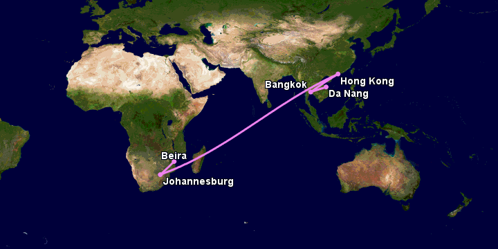 Bay từ Đà Nẵng đến Beira qua Bangkok, Hong Kong, Johannesburg