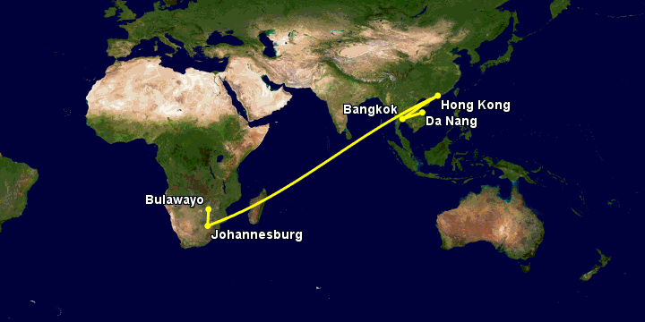 Bay từ Đà Nẵng đến Bulawayo qua Bangkok, Hong Kong, Johannesburg