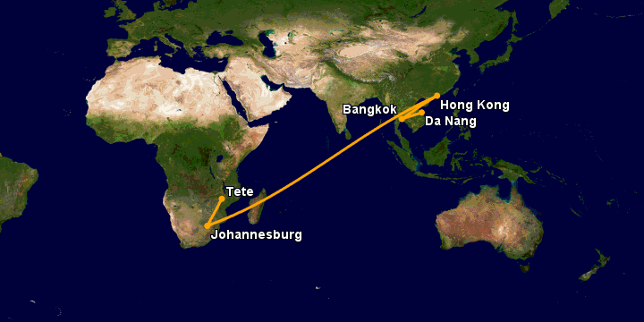 Bay từ Đà Nẵng đến Tete qua Bangkok, Hong Kong, Johannesburg