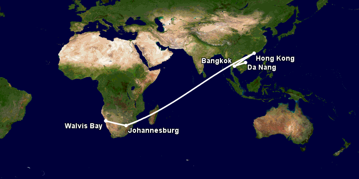 Bay từ Đà Nẵng đến Walvis Bay qua Bangkok, Hong Kong, Johannesburg