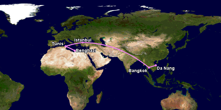 Bay từ Đà Nẵng đến Benghazi qua Bangkok, Istanbul, Tunis