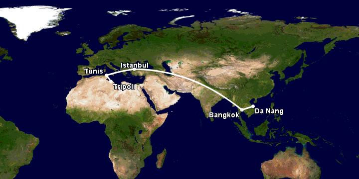 Bay từ Đà Nẵng đến Tripoli qua Bangkok, Istanbul, Tunis