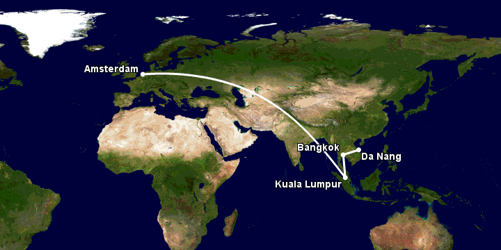 Bay từ Đà Nẵng đến Amsterdam qua Bangkok, Kuala Lumpur
