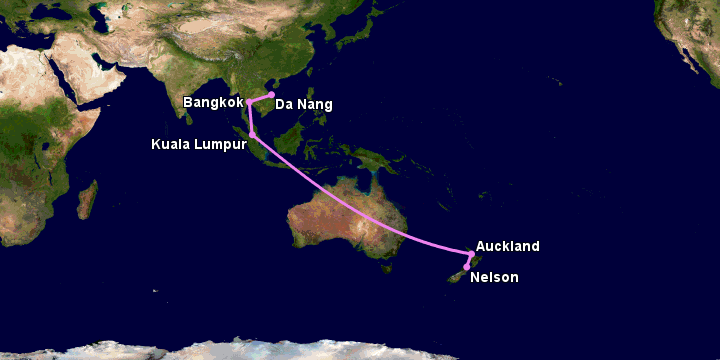 Bay từ Đà Nẵng đến Nelson qua Bangkok, Kuala Lumpur, Auckland