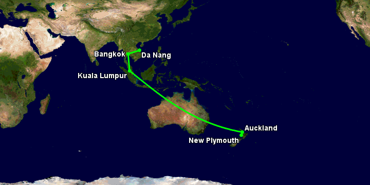 Bay từ Đà Nẵng đến New Plymouth qua Bangkok, Kuala Lumpur, Auckland