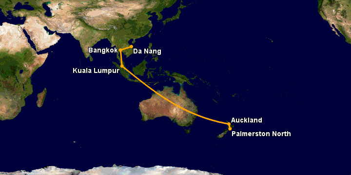 Bay từ Đà Nẵng đến Palmerston North qua Bangkok, Kuala Lumpur, Auckland
