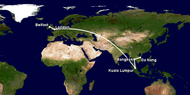 Bay từ Đà Nẵng đến Belfast qua Bangkok, Kuala Lumpur, London