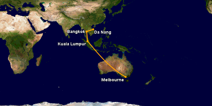 Bay từ Đà Nẵng đến Melbourne qua Bangkok, Kuala Lumpur