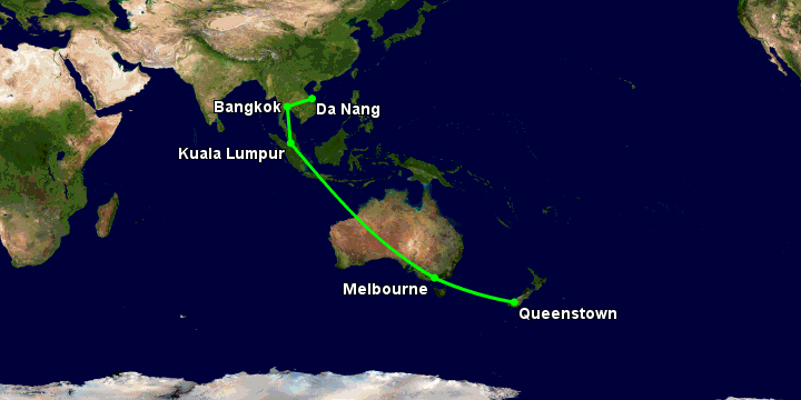 Bay từ Đà Nẵng đến Queenstown qua Bangkok, Kuala Lumpur, Melbourne