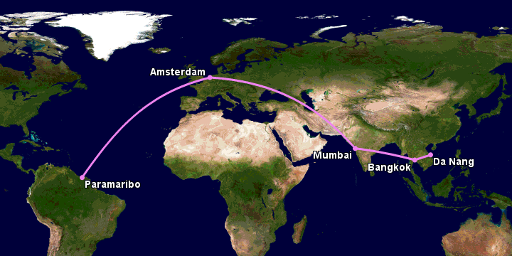 Bay từ Đà Nẵng đến Paramaribo qua Bangkok, Mumbai, Amsterdam