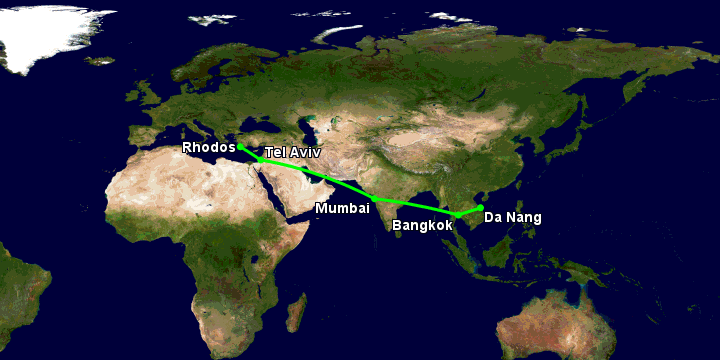 Bay từ Đà Nẵng đến Rhodes qua Bangkok, Mumbai, Tel Aviv