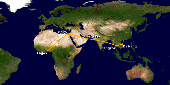 Bay từ Đà Nẵng đến Lagos qua Bangkok, Muscat, Cairo