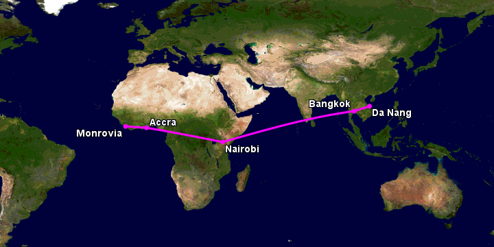 Bay từ Đà Nẵng đến Monrovia Rob qua Bangkok, Nairobi, Accra