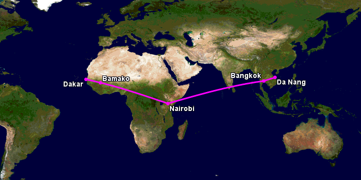Bay từ Đà Nẵng đến Dakar qua Bangkok, Nairobi, Bamako